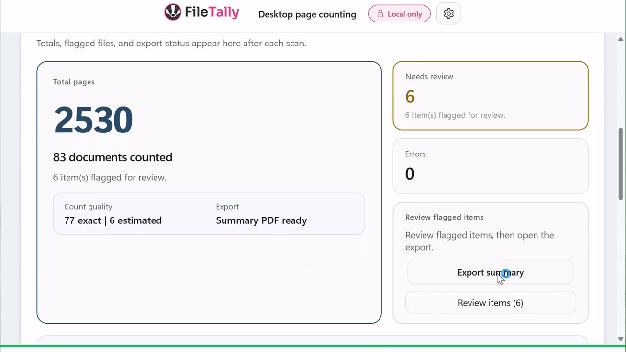 Windows FileTally showing scan totals, confidence breakdown and export controls