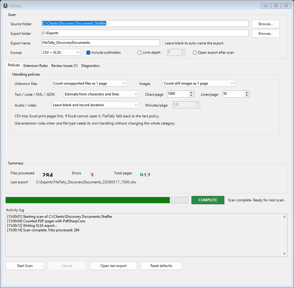 FileTally desktop app showing completed scan results with page counts listed per file.