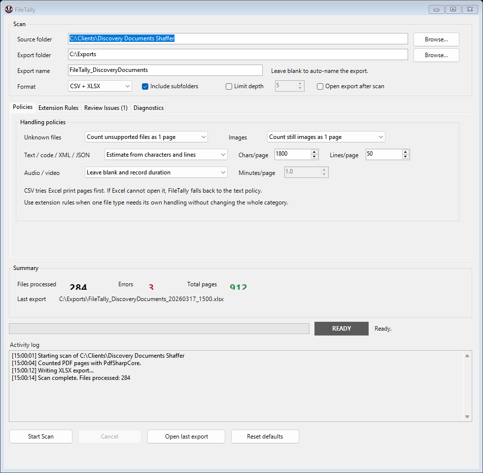 FileTally desktop app ready to scan a folder — folder path selected and file-type rules configured.